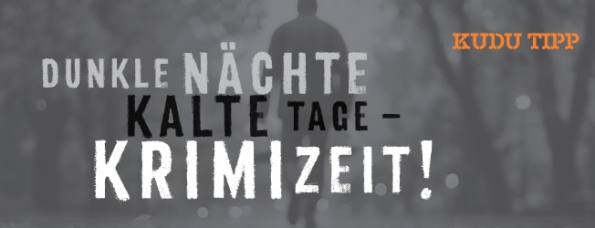 Dunkelgraues Bild, zeigt verschwommen Herbstlaub auf der Straße und die Beine eines Menschen mit dem Text: Dunkle Nächte Kalte Tage - Krimizeit